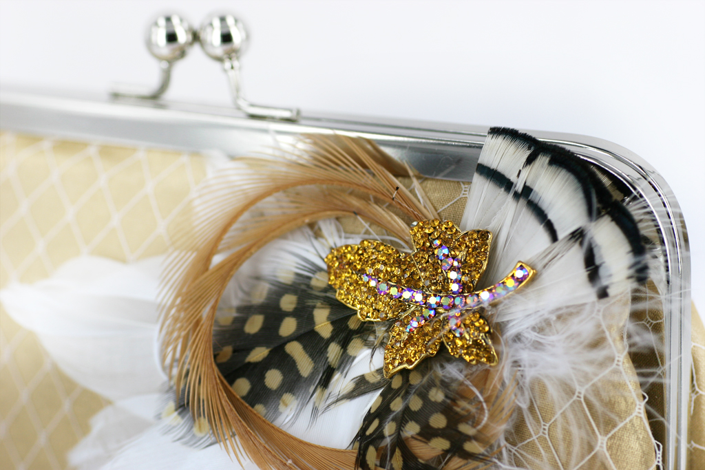 ANGEE W. Bridal / Bridesmaids clutch bag in Thai silk and feathers with rhinestone brooch, inspired by millinery veils and materials