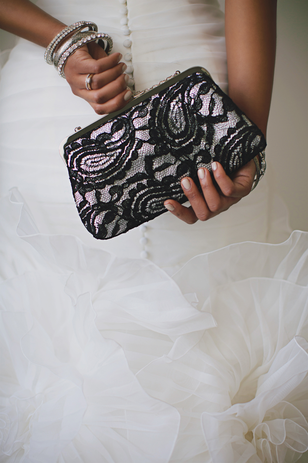 Lace and Metallic Silver Leather Clutch on Bridal | Wedding | ANGEE W. | Photo by Sharon Litchfield