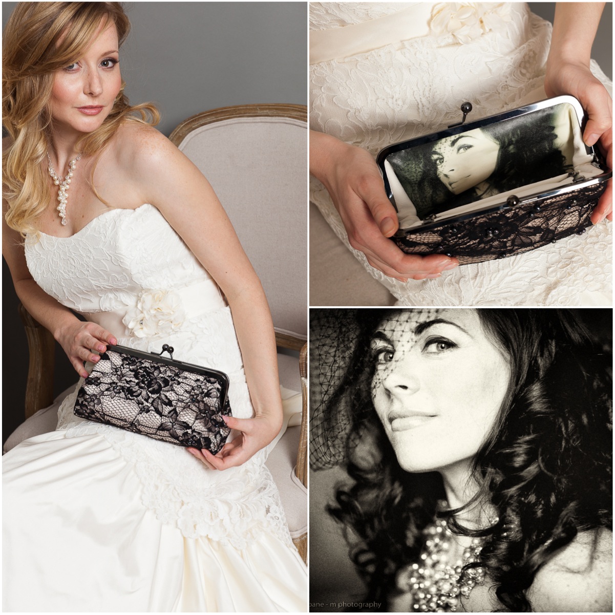 Photo lined Quatrefoil wedding lace bridal Clutch bag with black freshwater pearls | Photo by Melanie Rebane